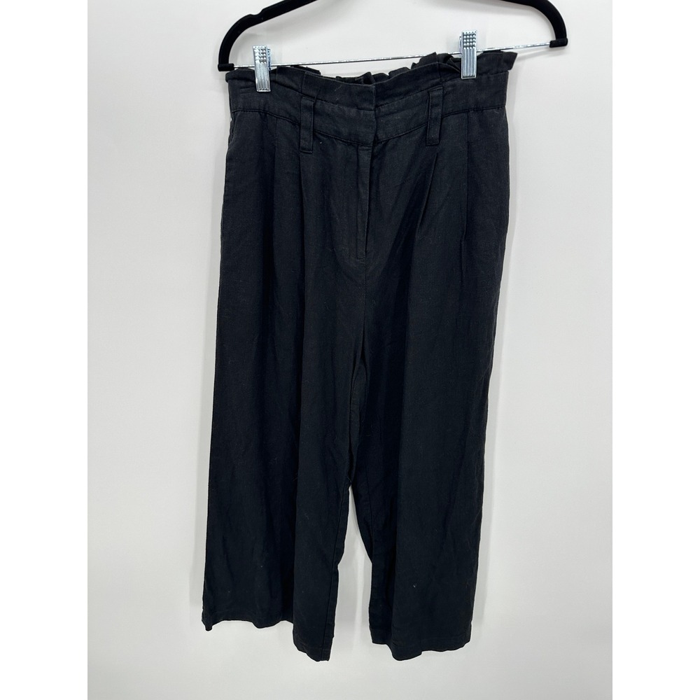 Who What‎ Wear Womens Black Linen Blend Wide Leg Cropped Paperbag Pants Size 4